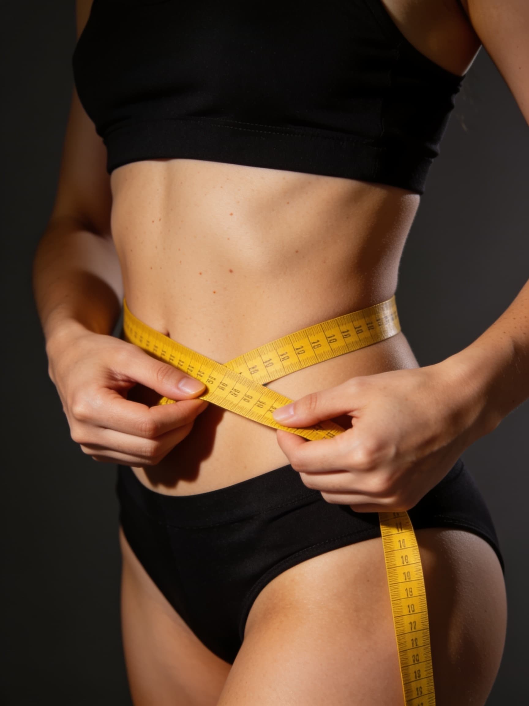 Abdômen de uma mulher em roupa de ginástica, com a mão da profissional ao lado