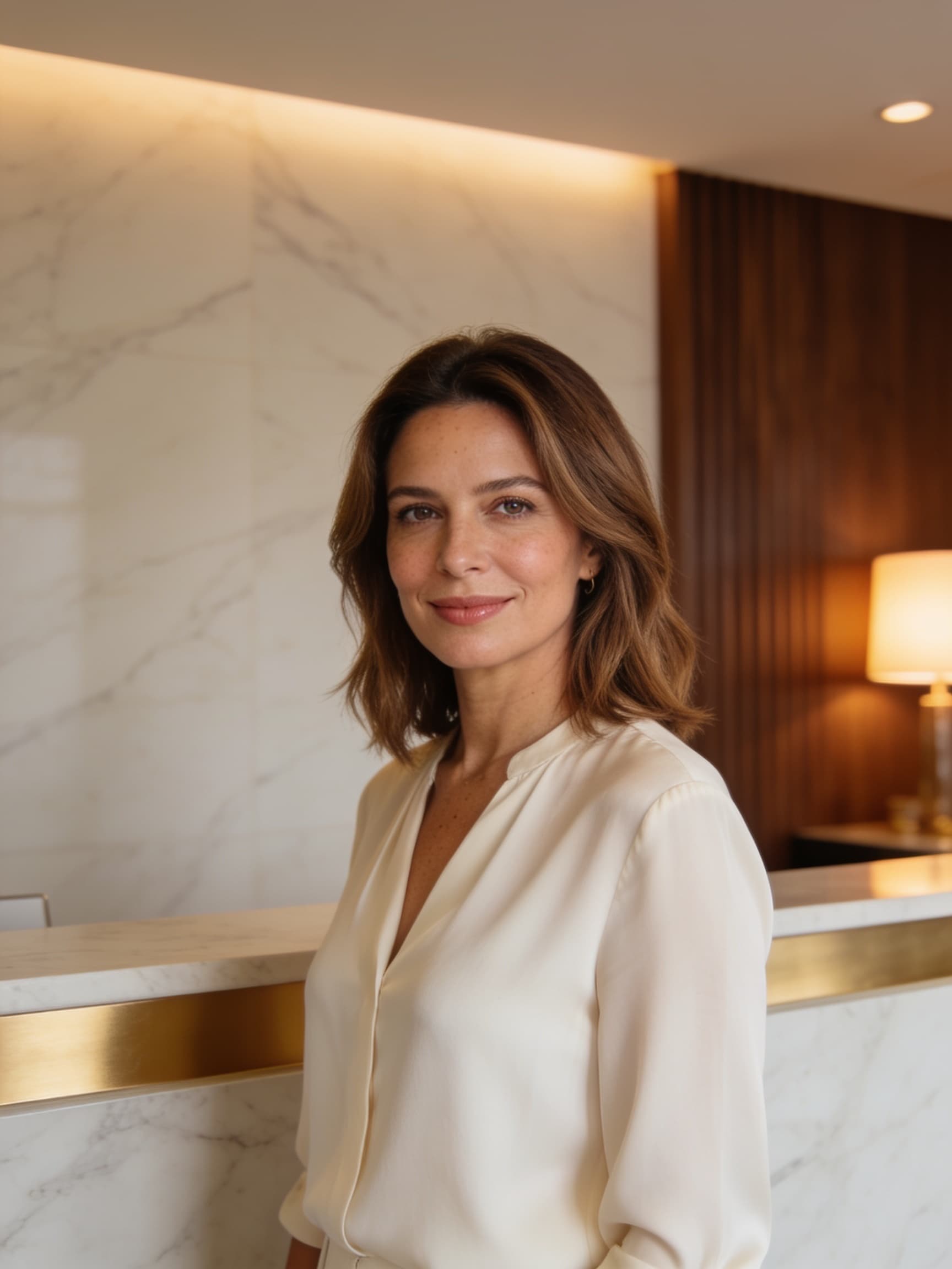 Mulher de uns 40 anos, de blusa clara, sorrindo de leve na recepção de uma clínica com mármore e luz quente