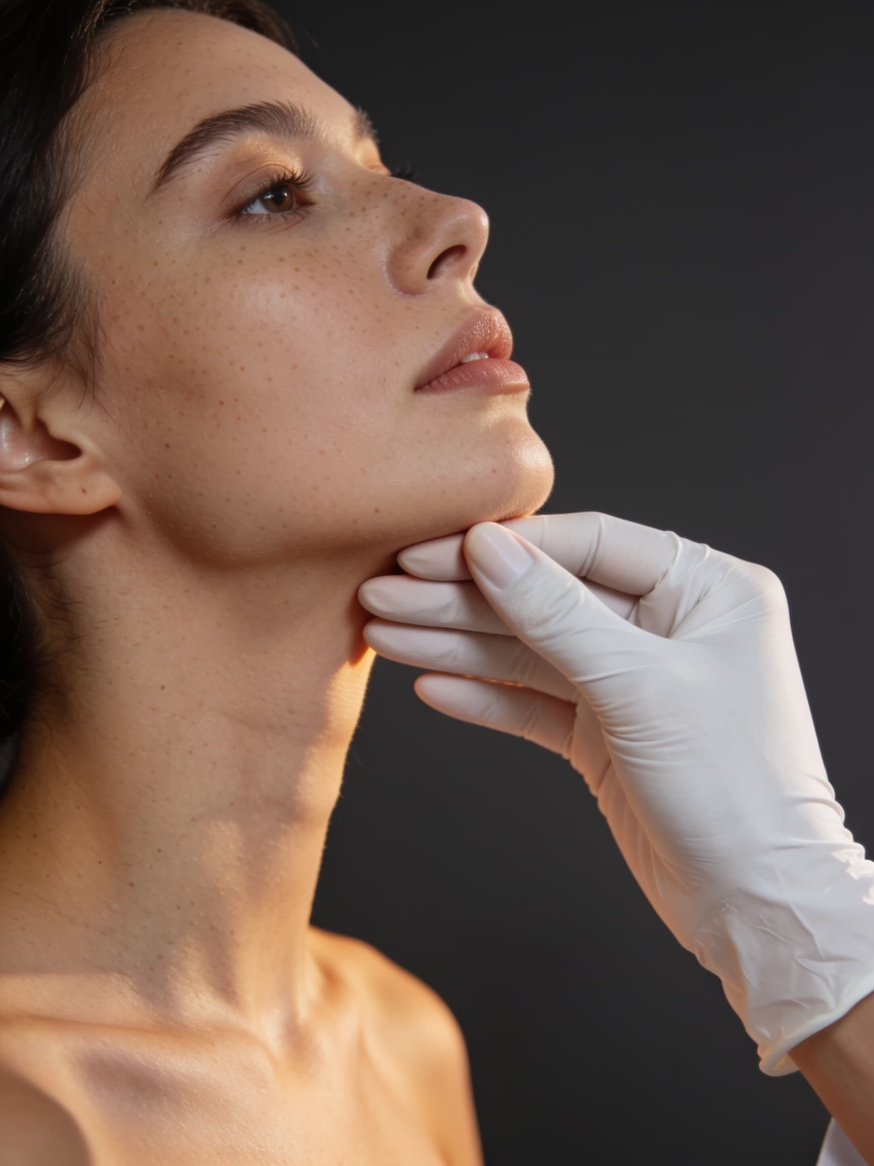 Mão da profissional, de luva branca, sobre o pescoço de uma mulher, de perfil