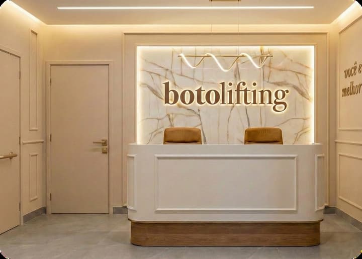 Recepção com painel de mármore, balcão e letreiro Botolifting