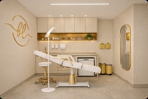 Sala de tratamento com maca e monograma dourado na parede