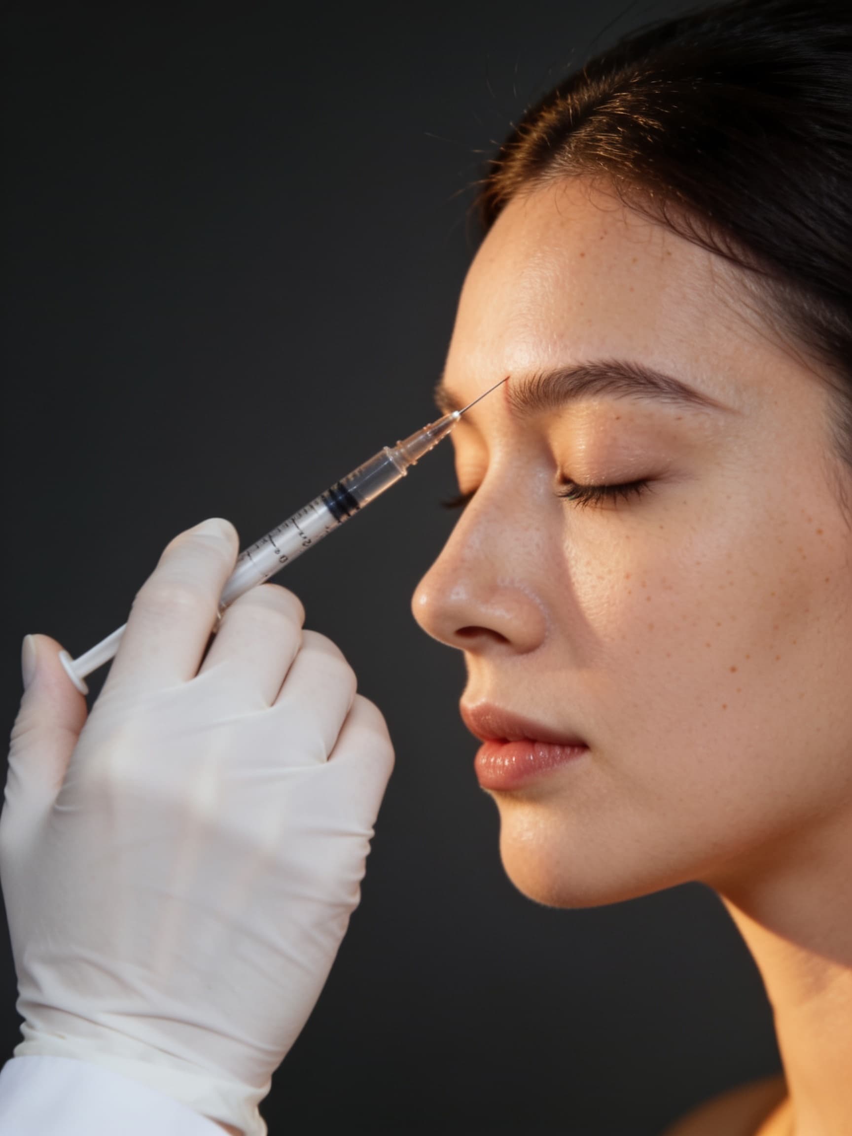 Mão da profissional, de luva branca, fazendo uma aplicação acima da sobrancelha de uma mulher